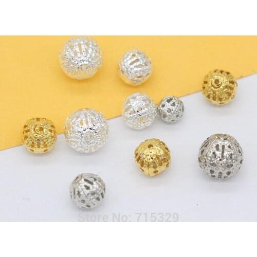 100p6mm 8mm 10mm gold silver plated Metal Bronze FILIGREE Hollow flower lantern Round Ball spacer loose beads Jewerly Making DIY