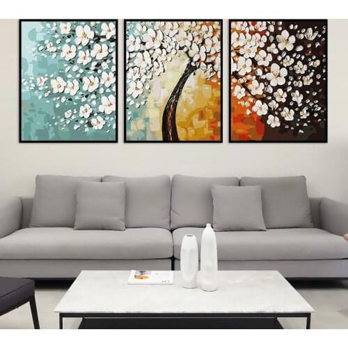 New 3pcs DIY Oil Painting By Numbers Fortune tree Flower Tree Triptych Pictures Paint Wall Sticker Home Decor Gift