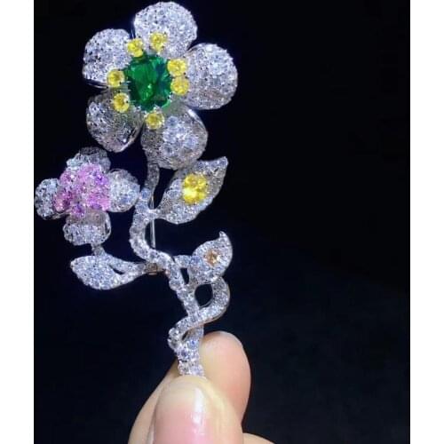 925 sterling silver with cubic zircon flower brooch pin 35*67MM fine women jewelry free shipping