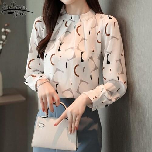 Blusas Mujer Korean Clothing Fashion Womens Tops Long Sleeve Shirts Ladies Top Chiffon Blouse Printed White Shirt Feminine 10858