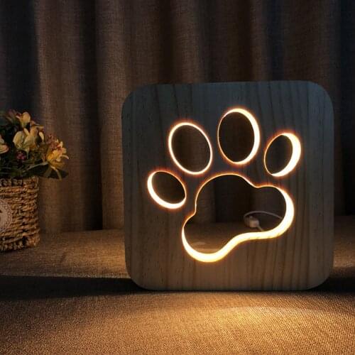 Wood USB Night Light Paw Supply Household Bedroom Ornaments LED Bedside Lamp Cartoon Dog Bedroom, Kids Room