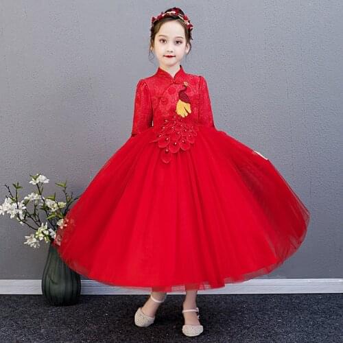 Children Red Embroidery Peacock Princess Costume Kids Qipao Girl Lace Chinese Wedding Cheongsam New Year Birthday Party Dresses