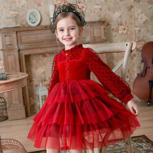 Children Layered Dress For Baby Girls Long Sleeve Dot Print Mesh Button Gowns Girls Wedding Birthday Party Dresses Kids Gown