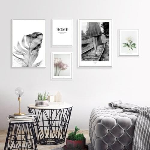 Nordic Style Black And White Girl Figure Decoration Painting Plants Flower Leaves Feather Canvas Wall Picture Poster Living Room