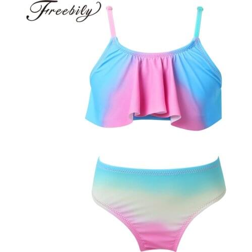 2PCS Colorful Girls Swimwear Ruffled Swimsuits for Girls Tops + Bottoms Kids Swimsuit Summer Tankini Sets Childrens Beach Wear