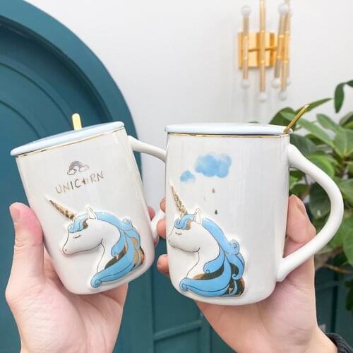 Creative Blue / Pink Unicorn Ceramic Mug Cute Cartoon Embossed Coffee Cups Funny Mugs Christmas Friends Drinking Gifts