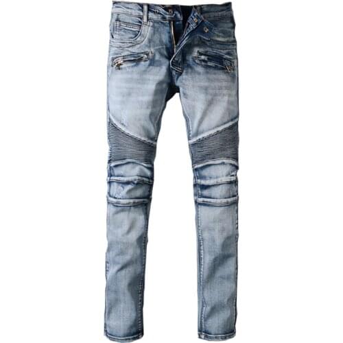 Sokotoo Mens slim fit classic blue biker jeans for moto Casual plus size denim cargo pants Fashion ripped jeans for man