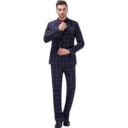 2020 Suit Men Blue Double Breasted Plaid Groom Wear Tuxedos Wedding Suits Groomsmen(Jacket+Pants+vest) Formal Business Suit