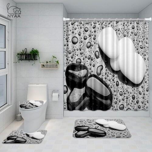 NYAA Funny 3D Pebbles Stones Bathroom Set Zen Stones & Butterfly Waterproof Modern Shower Curtain Toilet Cover Mat Non Slip Rug