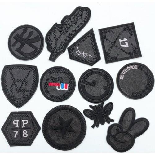 120pcs Patches For Clothes Iron On Black PU Leather Appliques Badge Military Embroidery