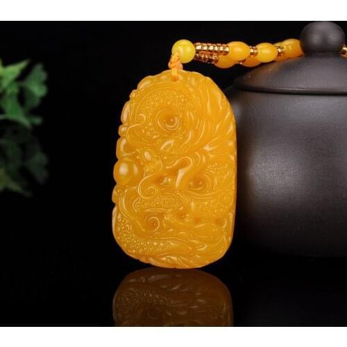 Natural Yellow Jade Dragon Pendant Necklace Charm Jewellery Fashion Accessories Hand-Carved Luck Amulet Gifts Sweater Chain