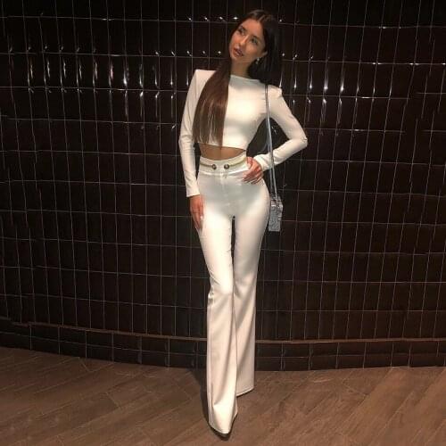 2021 European and American new fashion long-sleeved micro-pants high-waist umbilical suit temperament ladies trousers two-piece