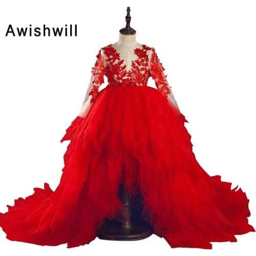 New Arrival Red Color Flower Girl Dresses Lace Appliques Girl Wedding Birthday Party Gowns Kids Pageant First Communion Dress
