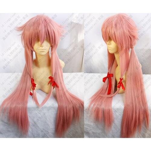 New Future Diary Mirai Nikki Gasai Yuno Cosplay Wig Long Pink Heat Resistant Synthetic Hair Wigs (no red band) + Wig Cap