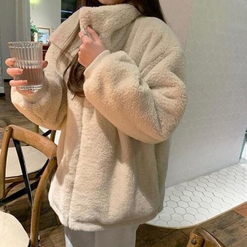 Womens Lamb Wool Coat Solid Color Turn-down Collar Zipper Plush Thicken Warm Tops Wholesale Girls New FashionLady Clothing