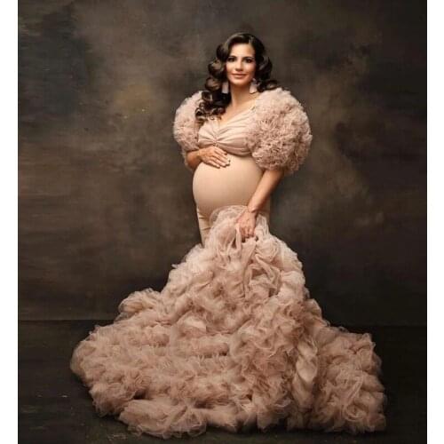 Fluffy Dresses Tulle Half Sleeves Custom Khaki Color Extra Puffy Photo Shoot Evening Dress Elegant Mermaid Maternity Gowns