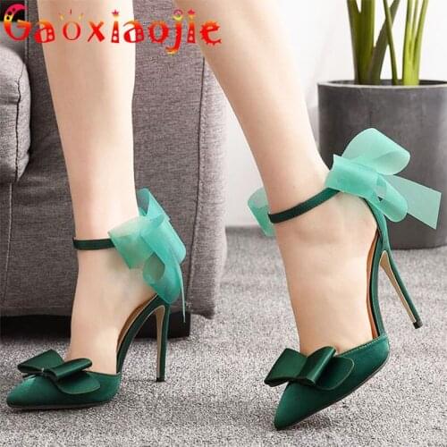 Gaoxiaojie Luxury Silk Pointed Sandals 2021 Summer New Lace Bowknot Party Stilettos 11CM Bow Cover Heel Women High Heel Shoes