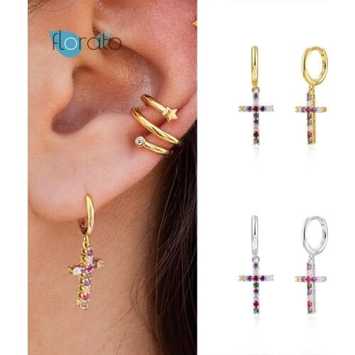 925 Silver Ear Buckle Cross Hanging Hoop Earrings for Women Colorful Charming Crystal Earrings Huggie Earrings Fashion Jewelry