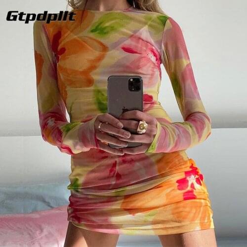 Gtpdpllt Mesh 2021 Floral Print Long Sleeve Dress Women Sexy See Through Summer Spring Y2K Beach Party Mini Bodycon Dresses