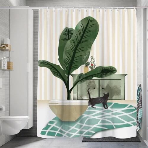 Cartoon Cat Green Plant Printing Shower Curtain Home Bathroom Decor Waterproof And Mildew Proof Bath Curtain With 12 Hooks