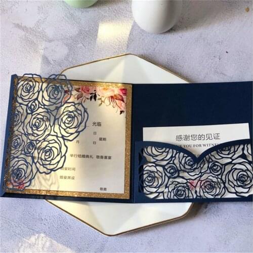 Navy Blue Wedding Invitations Flowers Pocket Personalized Glitter Linner Invite Elegant Decoration Card 50 Sets