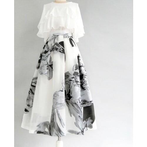 Chiffon Elegant Black Flower Women Skirts Summer Vintage High Waist A-Line Knee-Length Loose Office Lady Clothing Top Quality