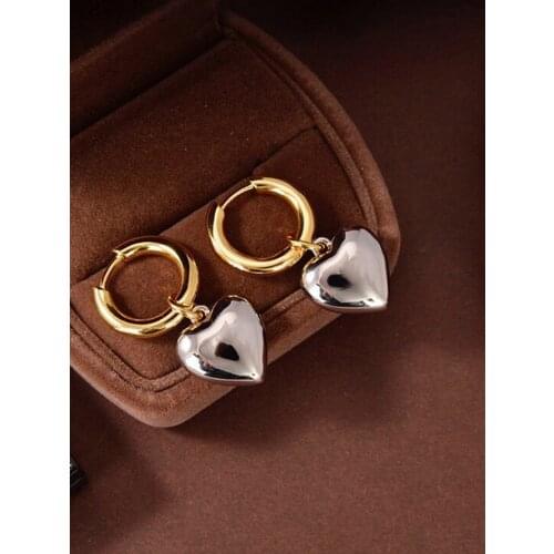 Women Jewelry Double Color Heart Statement Earrings Brass With 18K Gold Punk Party Gown Runway Rare Korean Japan Boho Hiphop