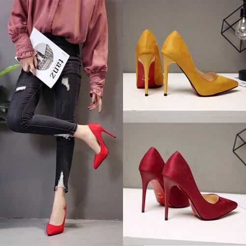 2021 fashion popular shallow mouth thin heeled suede sexy pointed pure red wedding shoes womens high heeled shoes