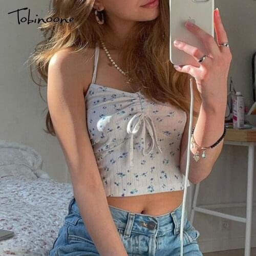 Tobinoone Floral Print Halter Crop Tops Women Backless Sleeveless Printing Sexy Tops Pleated Lace Up Beach Square Collar Top
