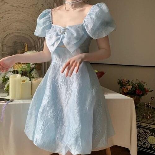Blue Elegant Fairy Dress Women Summer 2021 Korean Puff Sleeve Party Princess Sweet Dress Female Kawaii High Waist Casual Dress