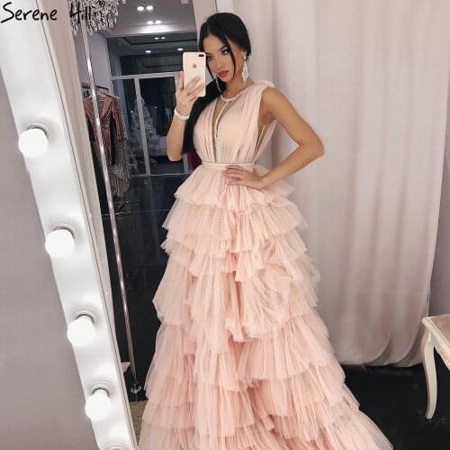Serene Hill Pink Deep V Neck Sleevelss Tiered Lady Evening Gowns 2021 Tulle Simple Sexy Prom Dresses For Women DHA2474