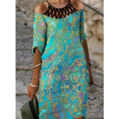 New 2021 Summer Women Dress Fashion Floral Print Loose Cotton Linen Hollow Female Retro O Neck Off Shoulder Half Sleeve Dresses