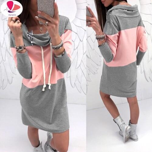 2019 Casual Brand Women Hooded Sweatshirt Dress Gray Patchwork Pink Kawaii Long Hoodies Autumn Harajuku Pullovers Jumper Moletom
