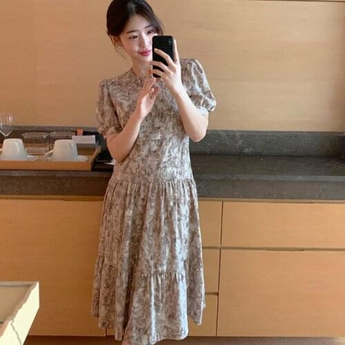 2021 New Women Summer Vintage Printing Loose Long Chiffon Dress Dropped Waist Puff Sleeve Cascading Ruffle Maxi Sundress