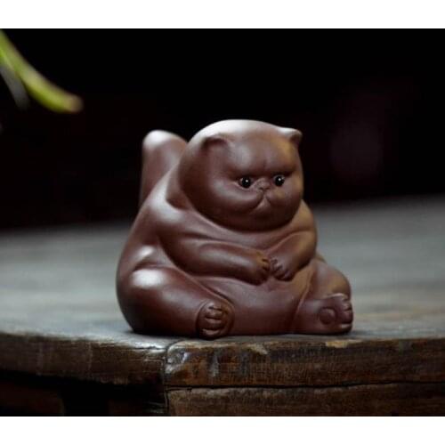 1PC Purple Clay Cat Ceramic Animal Figurines Zisha Tea Pet Cats Crafts Household Office Tea Accessories Car Decoration Toy