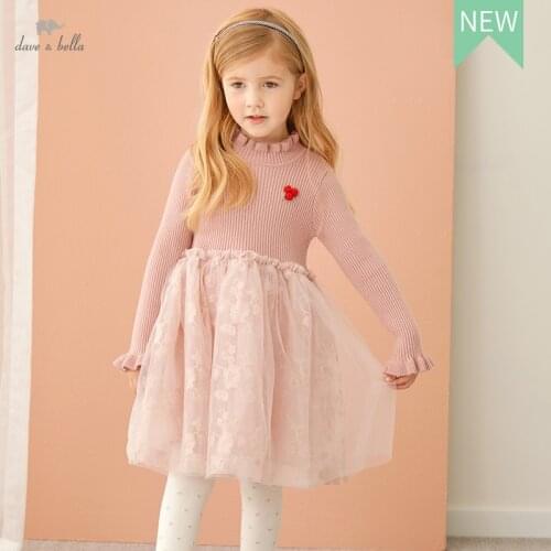 DKY19587 dave bella autumn girls fashion letter solid print draped dress children sweet dress kids infant lolita clothes