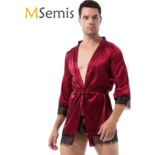 Men Male Long Sleeve Sleep Lounge Robe Satin Open Front Bathrobe Sleepwear Lace Trim Belted Kimono Night-robe Sissy Nightwear