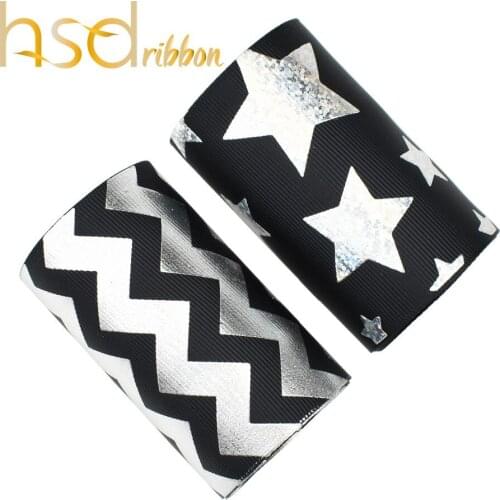 HSDRibbon 3" 75mm big wave and star Foil Printed on Black Grosgrain Ribbon 50Yards/Roll