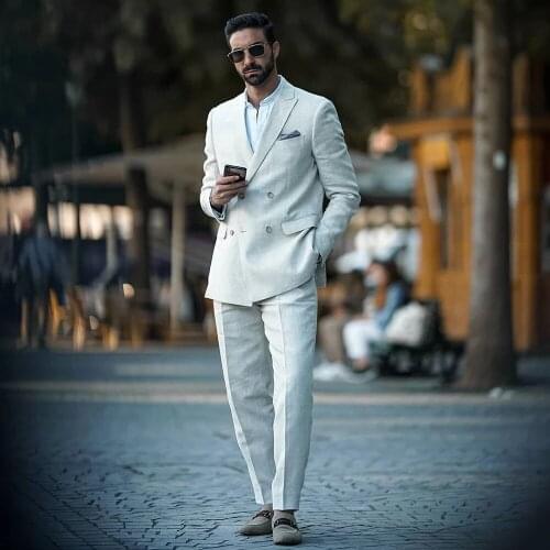 Costume Homme Linen Double Breasted Men Suits Prom Slim Fit Tuxedo Wedding Groom Terno Masculino Blazer 2 Pcs Jacket+Pant