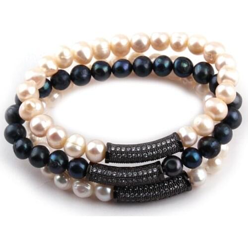 Fashion Women Freshwater Pearl Strand Bracelets Hematite Zircon Paved Bar Pearl Bracelet