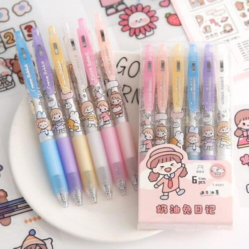New Arrival 6PC Kawaii Cute Rabbit Press Type Black Ink Gel Pen Graffiti Writing Pens Kids Gift School Stationery