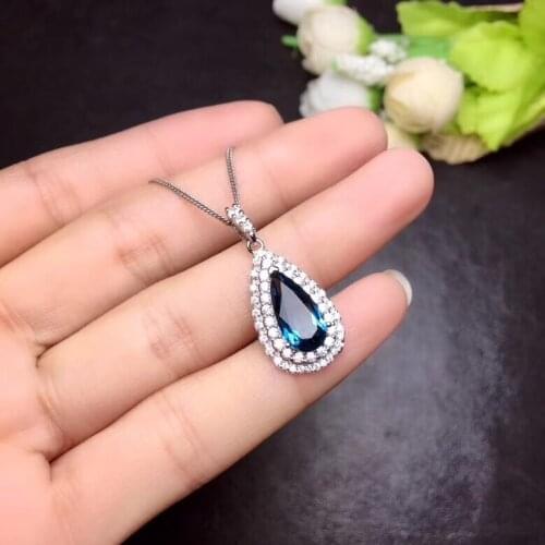 Natural blue topaz gem pendant S925 silver Natural gemstone Pendant Necklace trendy Lovely Retro Water drop women gift jewelry