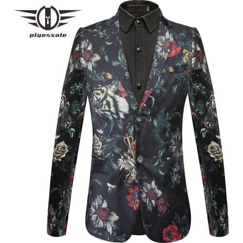 Plyesxale Mens Floral Blazer Autumn Slim Fit Wedding Party Blazers Personality Flower Tiger Pattern Male Blazer Jacket Q433