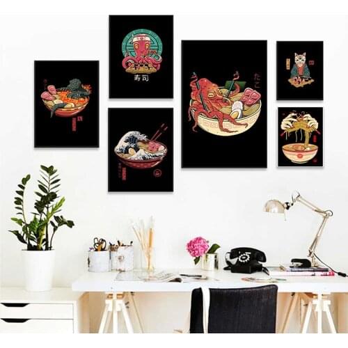 Japanese Samurai Cat Ramen Poster And Prints Canvas Painting Pictures On The Wall Classic Decorative Home Decor Obrazy