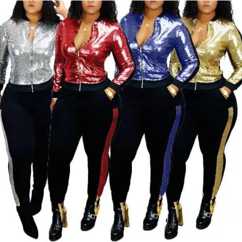 2Pcs Sport Women Autumn Long Sleeve Zipper Jacket Pencil Pants Sequins Tracksuit