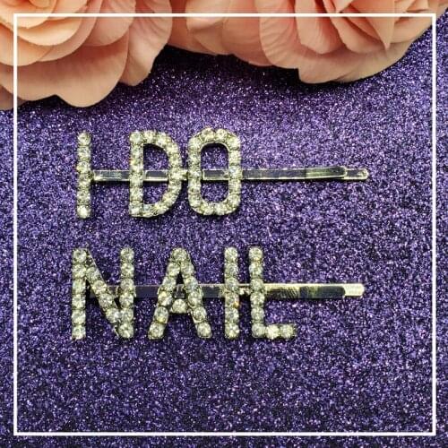 2pcs/Set Rhiestone Words Hairpins "I DO NAIL" Saying Words Hair Clips Bobby Pins Barrette Hair Accessories for Nail Specialist
