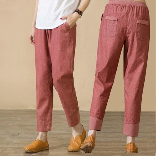 Summer Cotton Linen Pants for Women Loose Casual Solid Women Harem Pants Plus Size Elasticated High Waist Nine Pants Female Z85