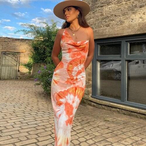 2021 Summer Tie Dye Print Sexy Backless Lace Up Midi Dresses Women Sleeveless Club Party Holiday Spaghetti Strap Sundress