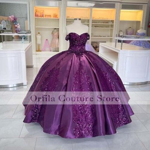 Purple Sequins Lace Ball Gown Quinceanera Dress 2021 Off Shoulder Vestidos 15 anos Corset Plus Size Sweet 16 Gowns