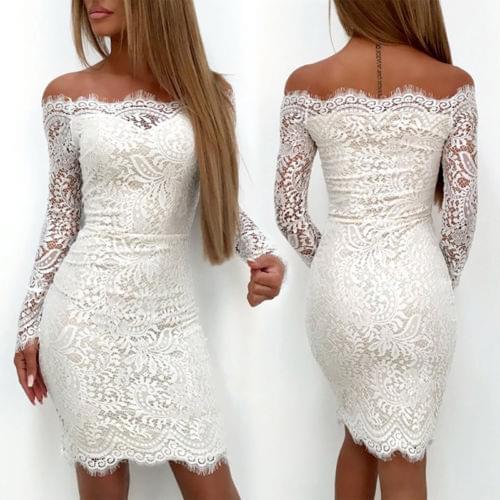 2021 Sexy Women White Lace Dress Elegant Ladies Off Shoulder Summer Womens Long Sleeve Party Pencil Dress Vestidos